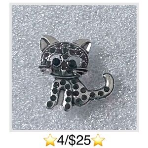 Small Black Rhinestone & Silver Tone Cute Kitty Cat Brooch / Pin, New